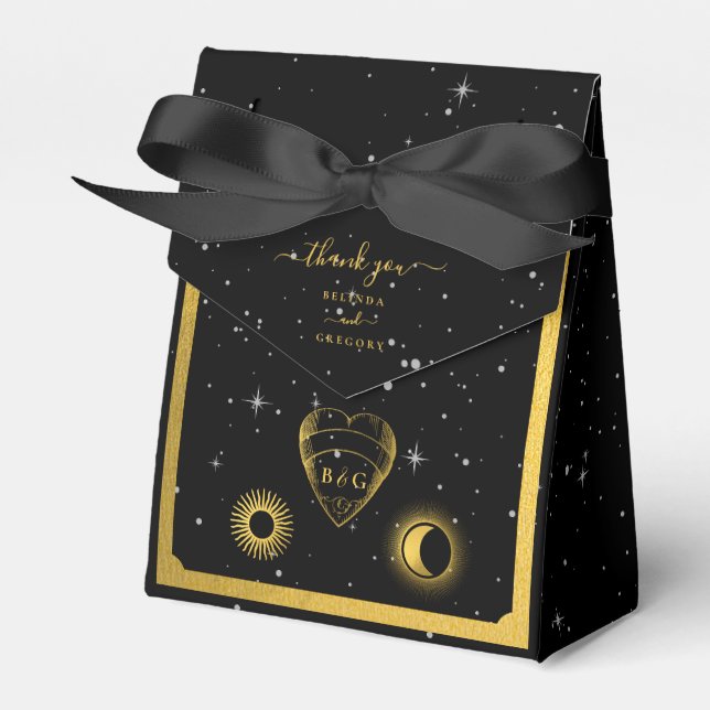 Celestial Stars Crescent Moon Black Gold Wedding Favor Box (Front Side)