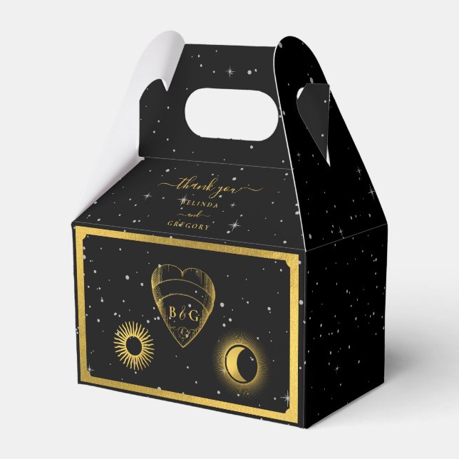 Celestial Stars Crescent Moon Black Gold Wedding Favor Box (Front Side)