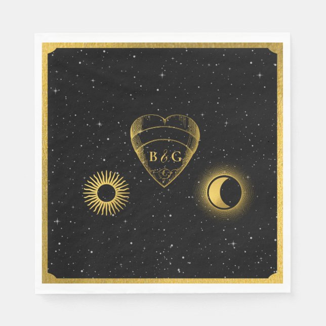 Celestial Stars Crescent Moon Black Gold Wedding Napkin (Front)