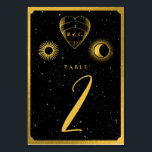 Celestial Stars Crescent Moon Black Gold Wedding Table Number<br><div class="desc">A mystical celestial monogram wedding design in black and gold. A simple tarot style design that uses a stars background with a gold crescent moon, celestial sun and matching heart monogram . An elegant black and gold celestial design with classy script typography. A modern tarot themed wedding table number card...</div>