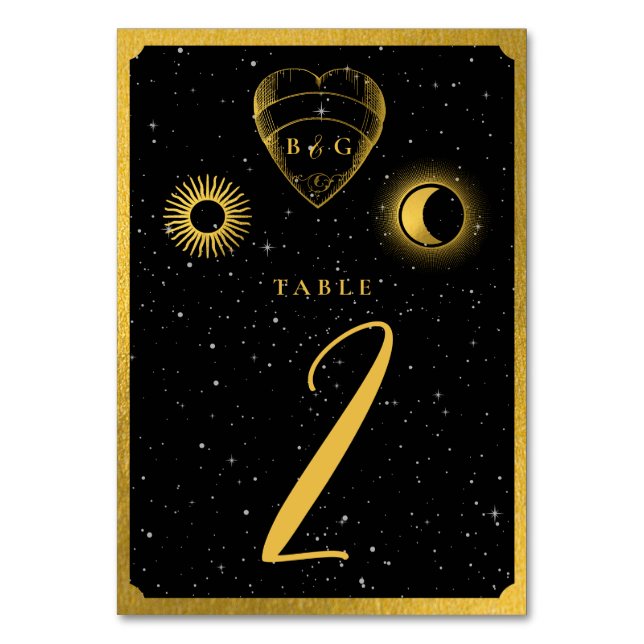 Celestial Stars Crescent Moon Black Gold Wedding Table Number (Front)