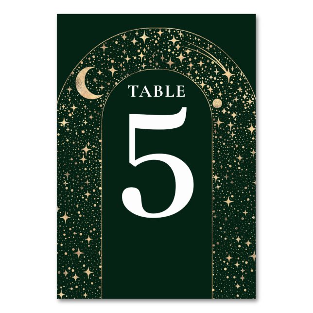 Celestial Stars Emerald Green Wedding Table Number (Front)
