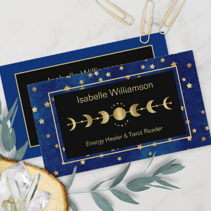 Celestial Stars Moon Phase Navy Blue Gold Business Card