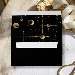 Celestial Stars Moon Planets Black Gold Wedding Envelope
