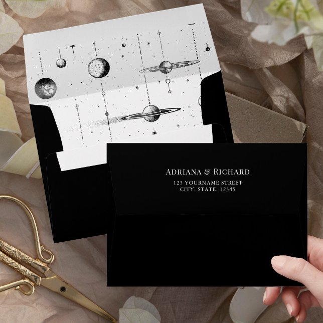 Celestial Stars Moon Planets Black White Wedding Envelope (Creator Uploaded)