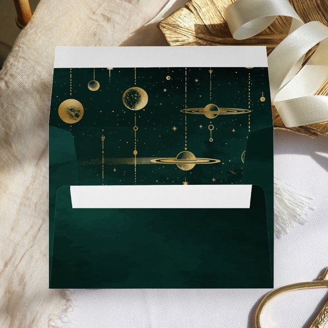 Celestial Stars Moon Planets Emerald Gold Wedding Envelope (Creator Uploaded)