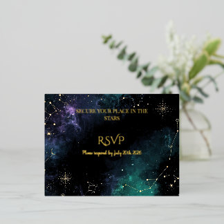 Celestial Stars | Navy/Teal Gold Wedding RSVP card
