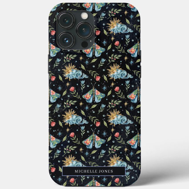 Celestial Stars Night Sky Floral Moth | Monogram Case-Mate iPhone Case (Back)