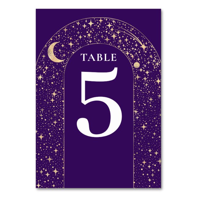Celestial Stars Purple Wedding Table Number Card (Front)