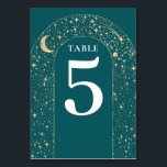 Celestial Stars Teal Wedding Table Number Card<br><div class="desc">Mystical celestial teal and gold wedding table number card</div>