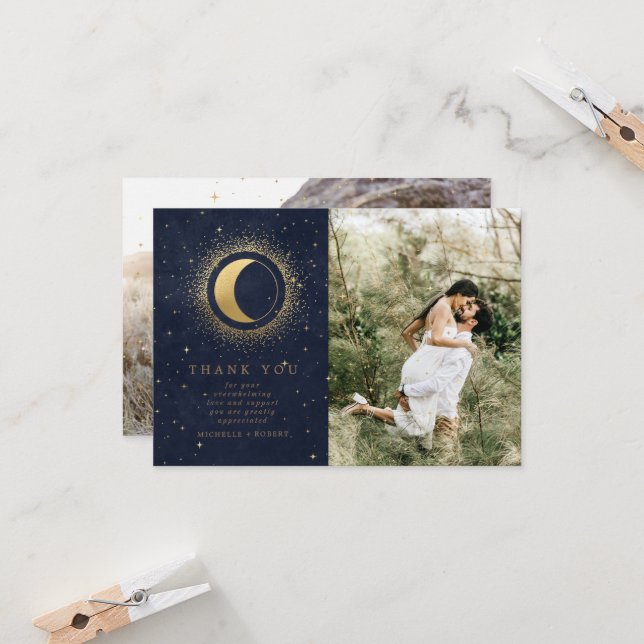Celestial Stars Two Photo Wedding Thank You Card (Front/Back In Situ)