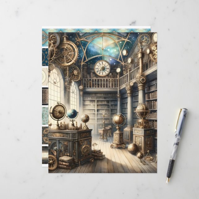 Celestial Steampunk Library Scrapbook Paper (Front/Back In Situ)