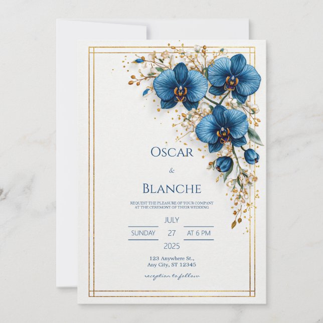 Celestial Sun and Dark Navy Foliage Wedding Invitation (Front)