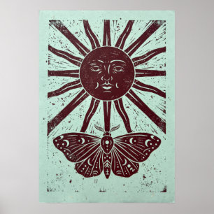 Celestial Sun and Luna Moth Linocut Art Poster