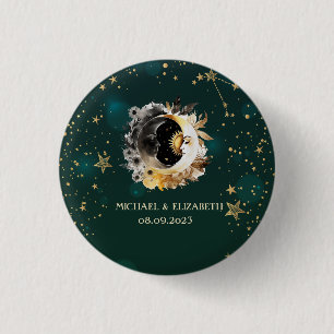 Celestial Sun And Moon Flowers Stars Green 1 Inch Round Button