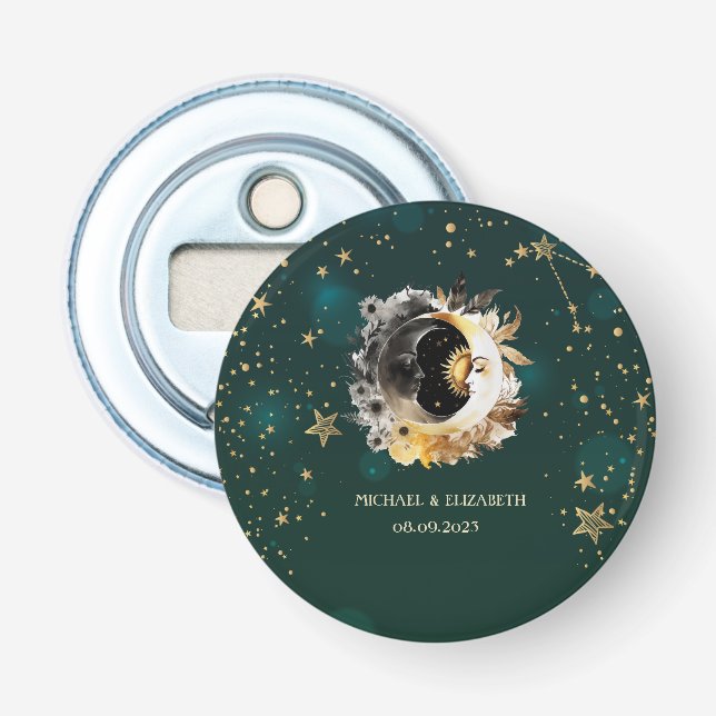 Celestial Sun And Moon Flowers Stars Green Bottle Opener (Front)