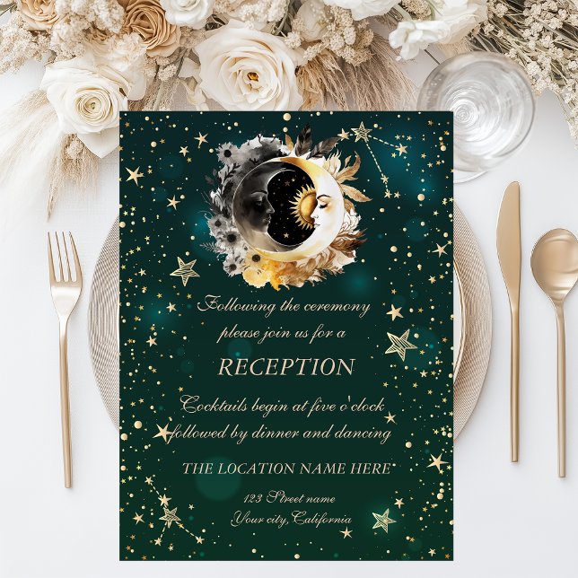 Celestial Sun And Moon Flowers Stars Green Invitation (Creator Uploaded)