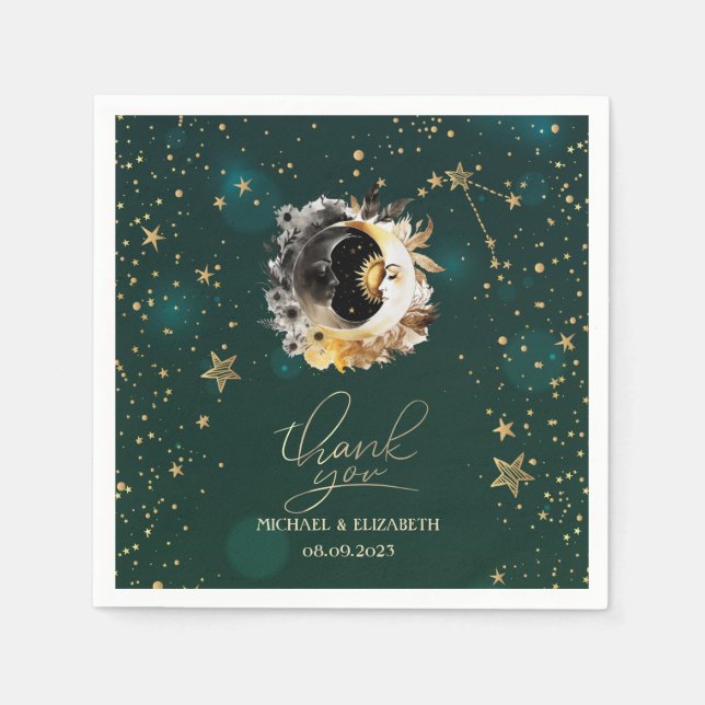 Celestial Sun And Moon Flowers Stars Green Napkin (Front)