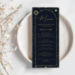 Celestial Sun and Moon Gold and Navy Menu<br><div class="desc">Designed to coordinate with our Celestial Mystic Collection,  this unique customizable wedding menu card features gorgeous gold celestial elements on a dark navy background. For more advanced customization of this design,  e.g. changing layout,  font or text size please click the "CUSTOMIZE" button above. Please contact me for any questions!</div>