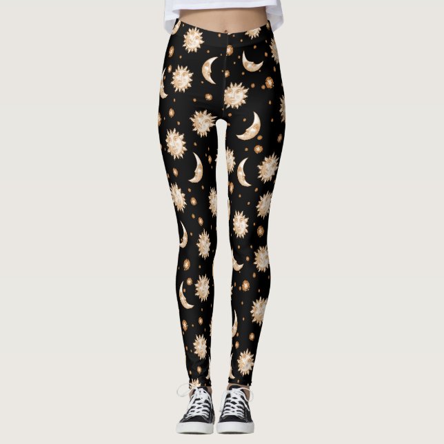 Celestial Sun and Moon Gold Black Pattern Leggings (Front)