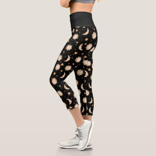Celestial Sun and Moon Gold on Black Pattern Capri Leggings
