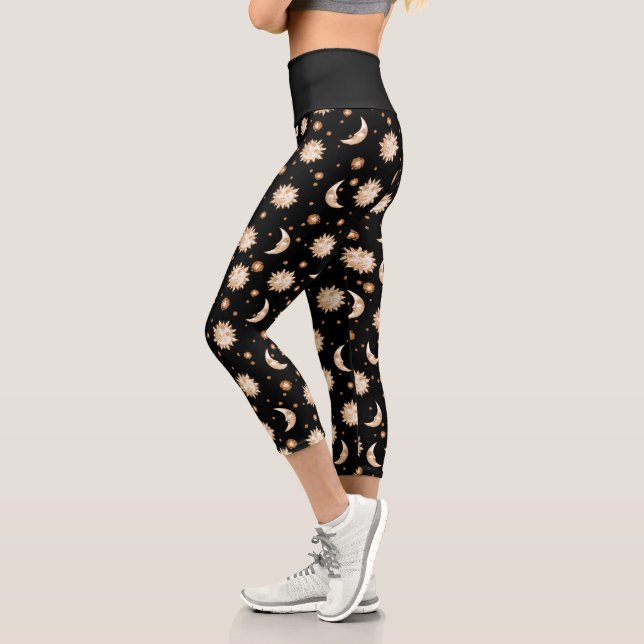 Celestial Sun and Moon Gold on Black Pattern Capri Leggings (Left)