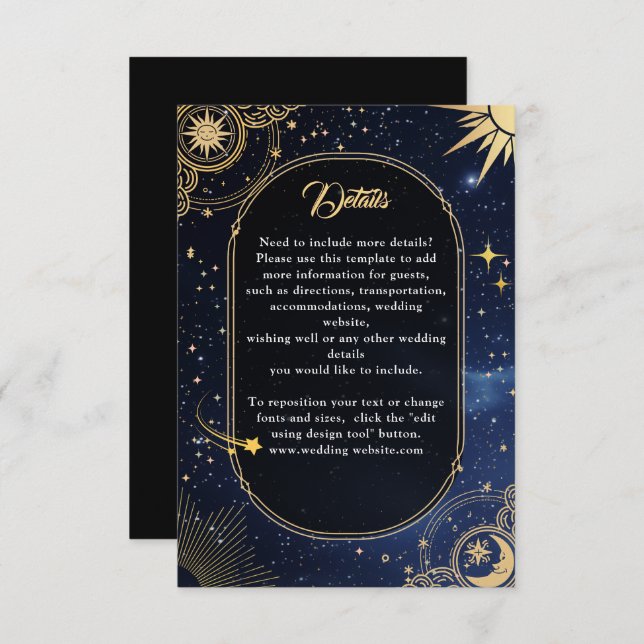 Celestial sun and moon wedding details  enclosure card (Front/Back)