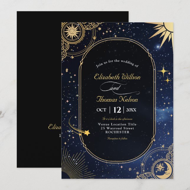 Celestial sun and moon wedding invitation (Front/Back)