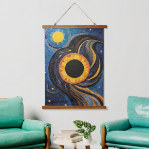 Celestial Sun and Stars in Night Sky Mosaic Hanging Tapestry