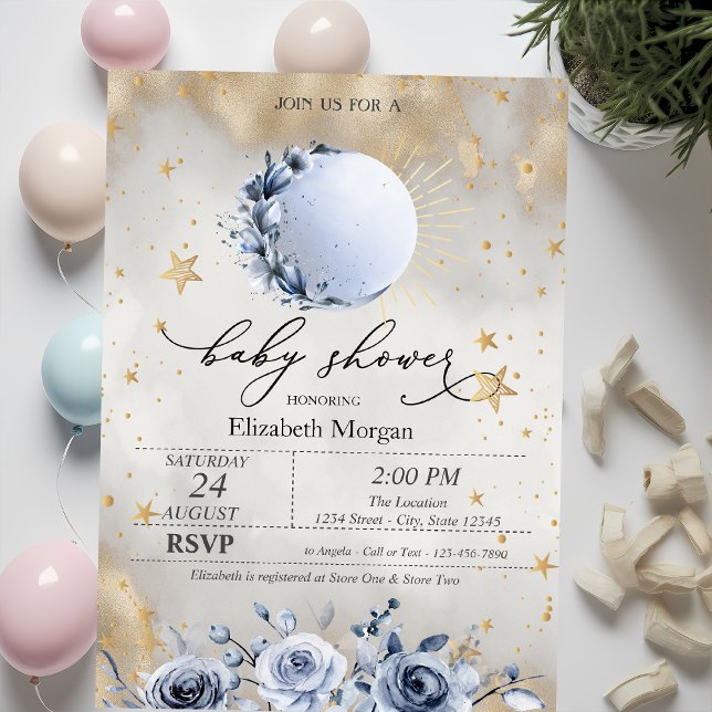 Celestial Sun,Blue Moon Roses Stars Baby Shower  Invitation (Creator Uploaded)