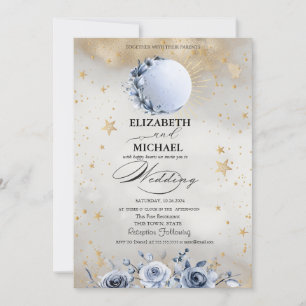 Celestial Sun,Blue Moon Roses Stars Script Invitation
