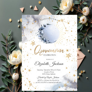 Celestial Sun,Blue Moon,Stars Flower Quinceanera Invitation