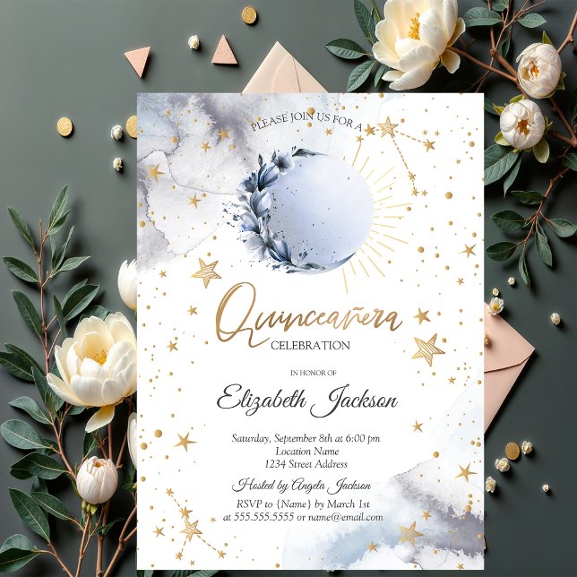 Celestial Sun,Blue Moon,Stars Flower Quinceanera Invitation (Creator Uploaded)
