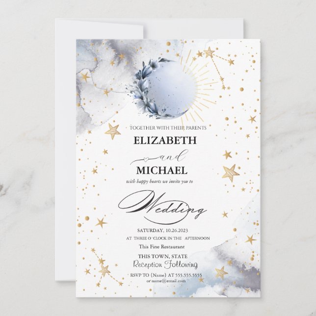 Celestial Sun,Blue Moon,Stars Script Invitation (Front)