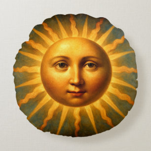 Celestial Sun & Crescent Moon Face Round Pillow