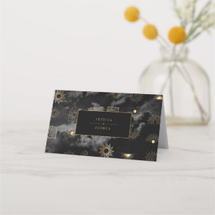 Celestial Sun Crescent Moon Galaxy Black Golden Place Card
