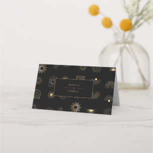 Celestial Sun Crescent Moon Golden Black Place Card