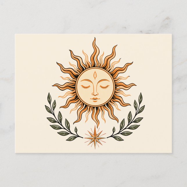Celestial Sun Face Botanical Mystical Art Postcard (Front)