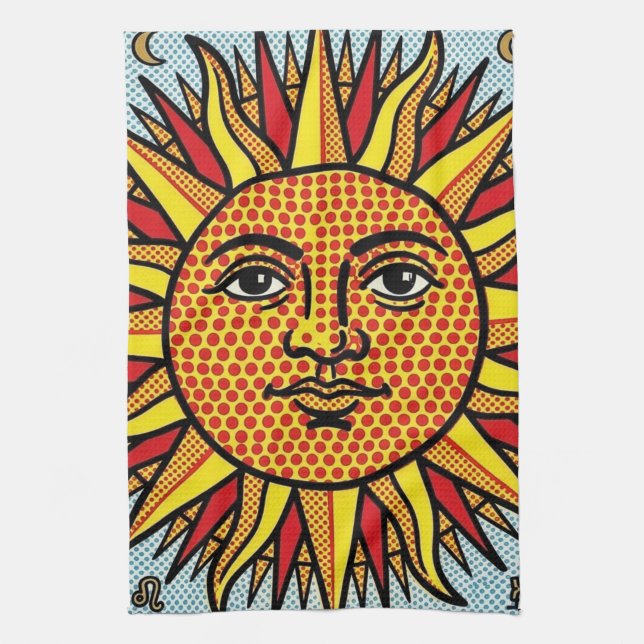 Celestial Sun Face Pop Art Comic Style Sunburst Kitchen Towel (Vertical)