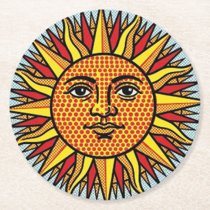 Celestial Sun Face Pop Art Comic Style Sunburst Round Paper Coaster