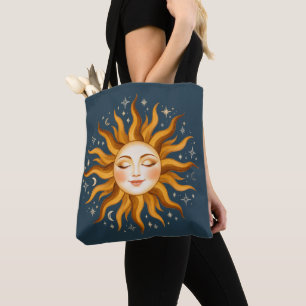 Celestial Sun Face Vintage Boho Art Tote Bag
