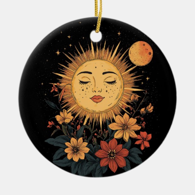 Celestial Sun Goddess with Blossoming Florals Ceramic Ornament (Front)