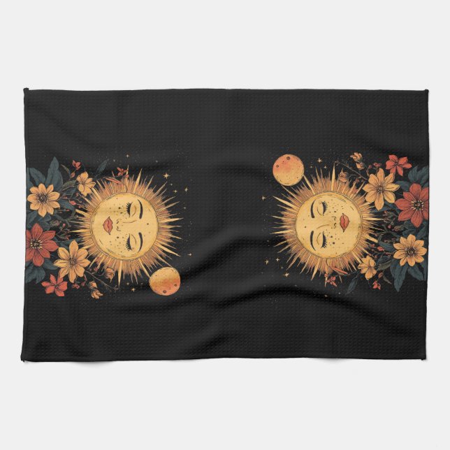 Celestial Sun Goddess with Blossoming Florals Kitchen Towel (Horizontal)