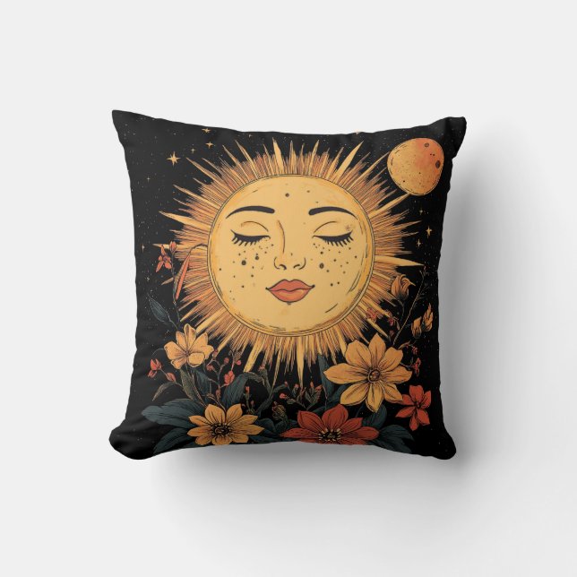 Celestial Sun Goddess with Blossoming Florals Throw Pillow (Front)
