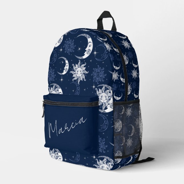 Celestial Sun, Moon and Stars Personalized Printed Backpack (Back Corner Right)