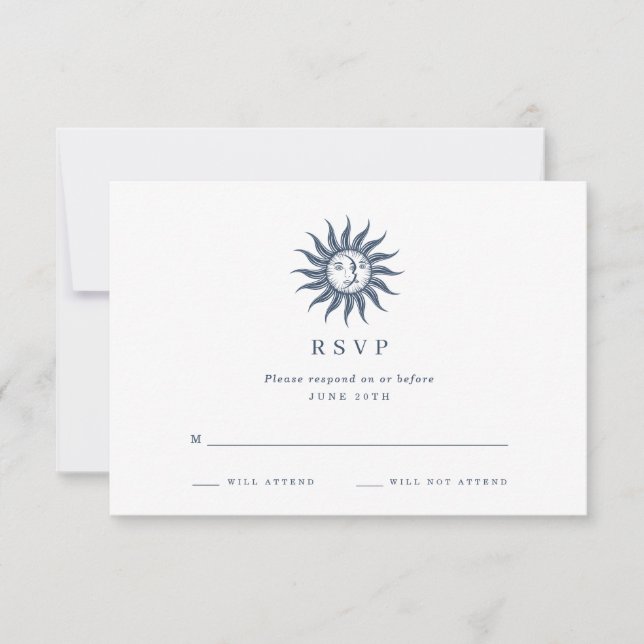 Celestial Sun & Moon Blue Agate Wedding RSVP Card (Front)