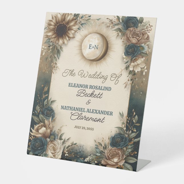 Celestial Sun Moon Boho Floral Rustic Wedding Pedestal Sign (Front)