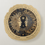 Celestial Sun Moon Custom Quote Round Pillow<br><div class="desc">Celestial throw pillow, featuring a captivating illustration of ancient sun and moon faces, intricately designed with a blend of ancient mystique and elegance. The sun, radiant and powerful, exudes warmth with its golden hues, while the moon, serene and enigmatic, emanates a soft, blue glow. Their expressions are timeless, embodying the...</div>