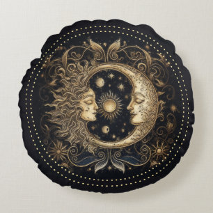 Celestial Sun Moon Face Planets Round Pillow