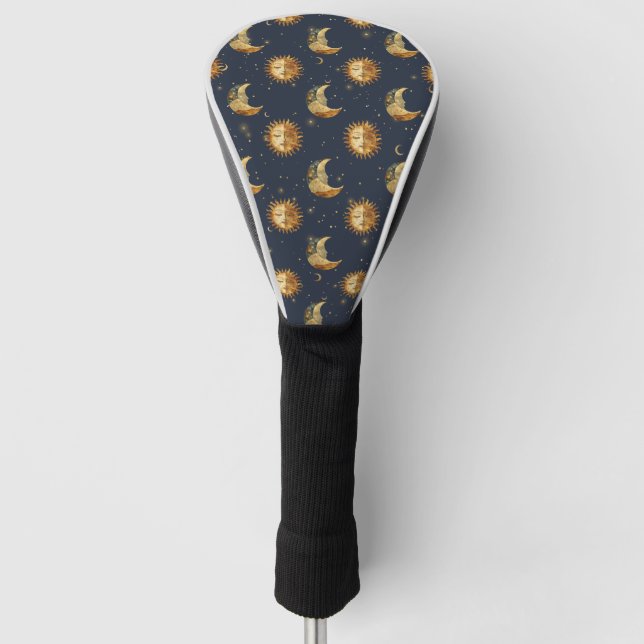 Celestial Sun & Moon Gold Starry Night Pattern (1) Golf Head Cover (Front)